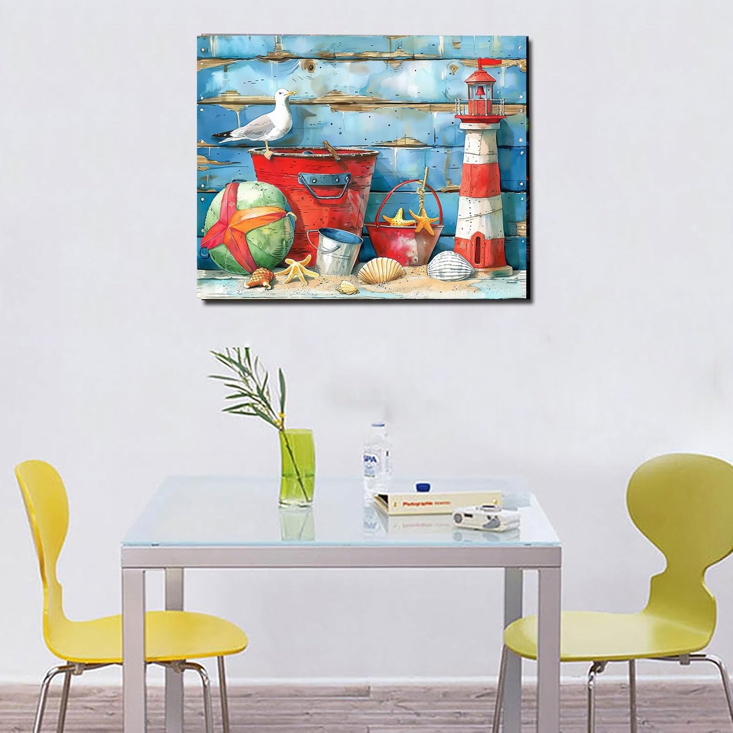 MSTINGSHUN Seaside Bucket Paint by Number for Adults Beginner,Gull Starfish Shells Paint by Numbers on Canvas,Lighthouse Model Paint by Numbers Kits Suitable for Home Wall Decor with Frame 16x20 Inch
