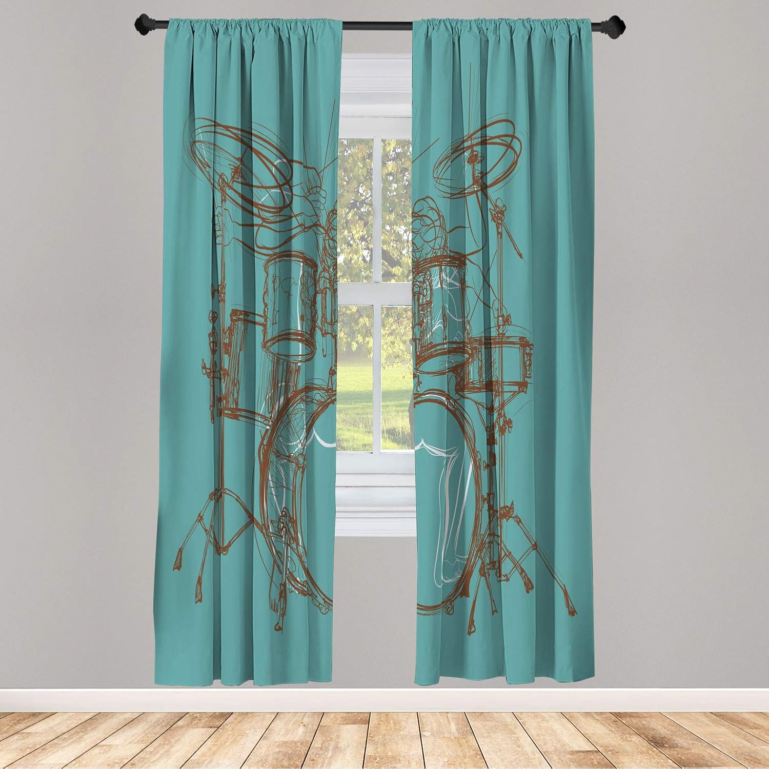 Ambesonne Rock Music Window Curtains, Doodle Drawing Sketch Drummer Musical Inspirations Monochrome Arrangement, Decorative Panels Set of 2 and Rod Pocket, Pair of - 28" x 84", Dark Seafoam