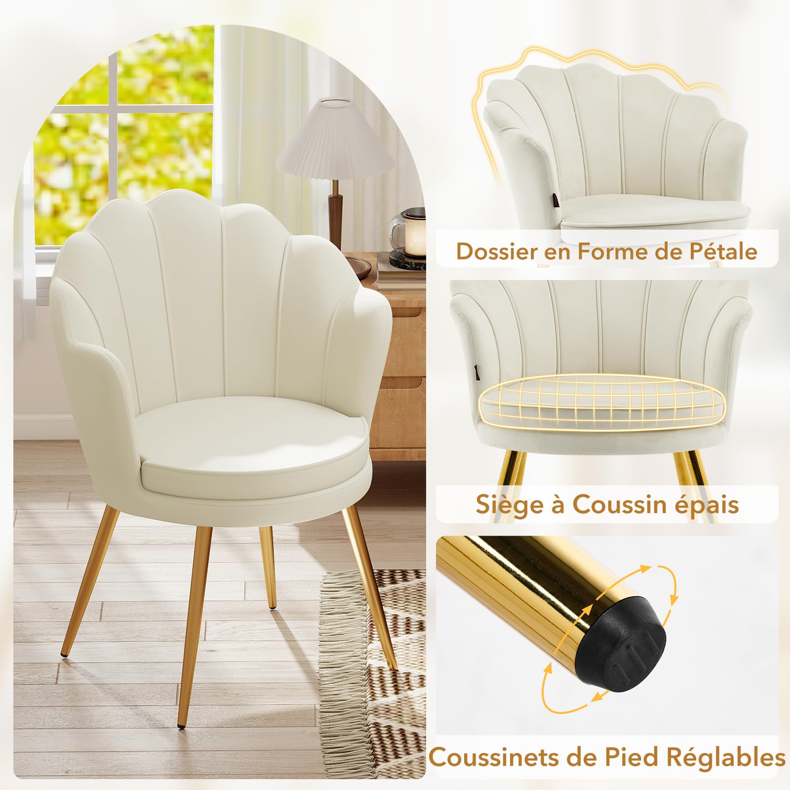 Chaise Coiffeuse, Fauteuil Coquillage en Velours, Fauteuils Salon Fauteuil Coiffeuse Confortable, Chaises Salle à Manger Chaise Rembourrée avec Pied Métal pour Chambre Salon, Beige