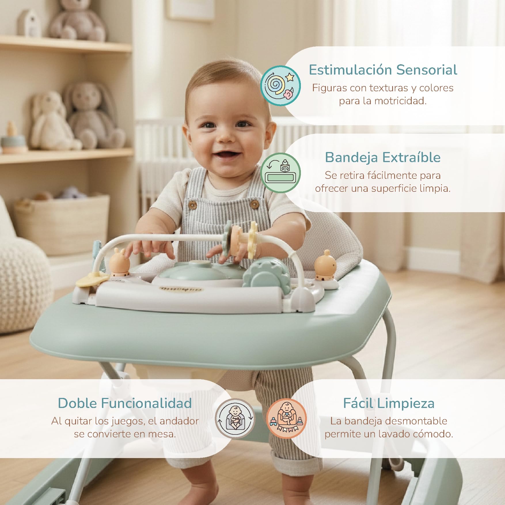 Buddy Baby Funny - Andador Bebe con Base Antivuelco - Incluye Bandeja De Sonidos Y Juegos (Verde)