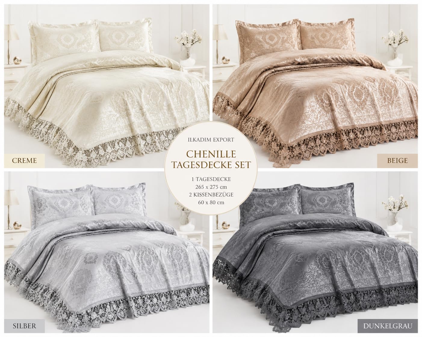 Ilkadim Export Chenille Tagesdecke Set 265 x 275cm mit 2 Kissenbezügen 60 x 80cm - Elegante Tagesdecke mit Spitzenbordüre und Jacquardmuster - Bettüberwurf für Doppelbett (Silber)