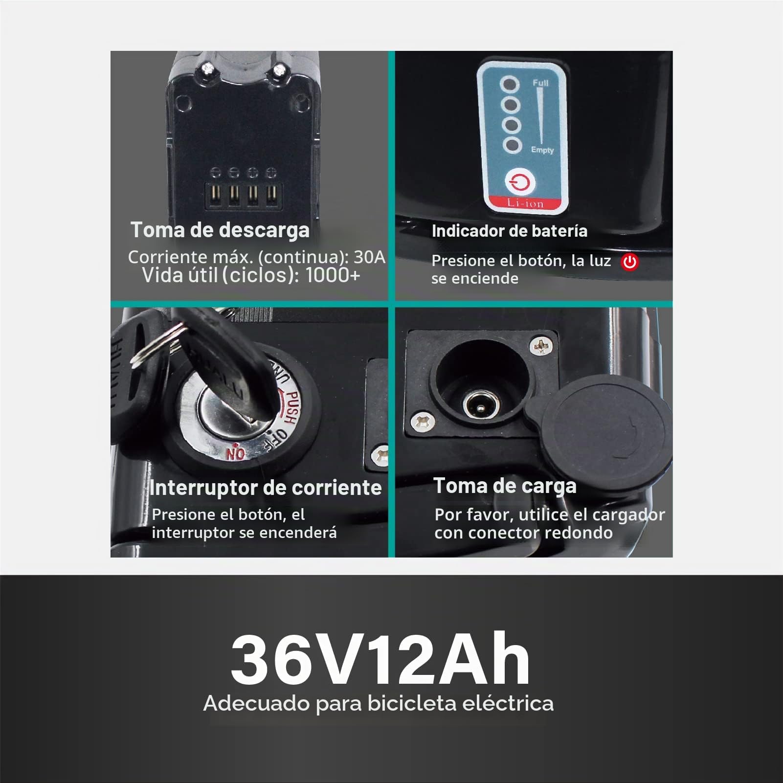 Con cargador de 36 V, 12 Ah, batería de ion de litio, forma Whitebait para Aldi Prophete MiFa Trio Samsung Zhenlong Phylion UVM.