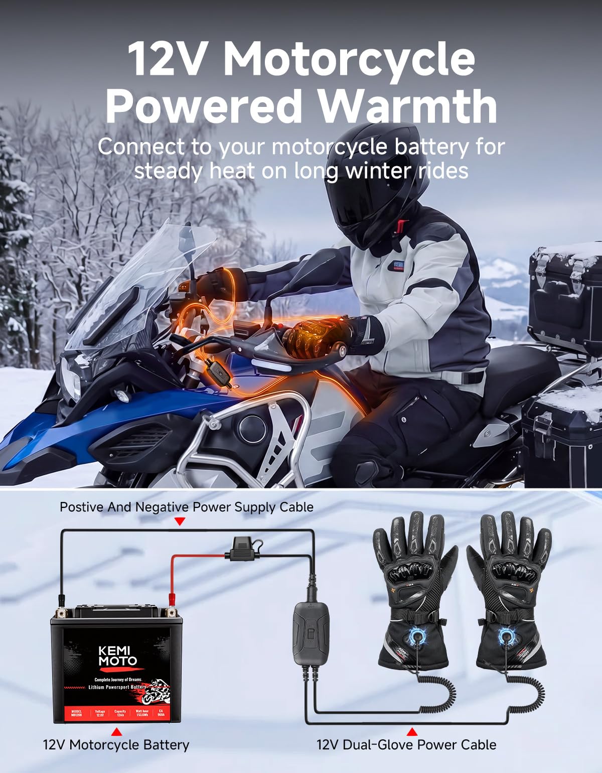 KEMIMOTO Guanti Riscaldati Moto Uomo con Cavo di Ricarica, Ricaricabili Guanti Invernali Impermeabili Touch Screen con 3000 mAh Batterie, Adatti da -20°C a -5°C, Ideali per Motociclismo e Ciclismo