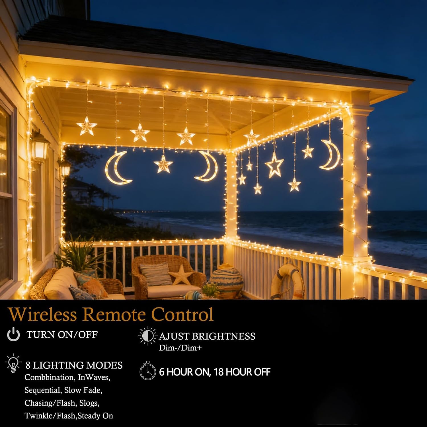 138 LED Star Moon Lights, Twinkle Christmas Curtain String Lights with 8 Modes, Battery Operated Fairy Star Moon with Hooks, Hanging Decor for Ramadan, Bedroom, Wedding, Warm White