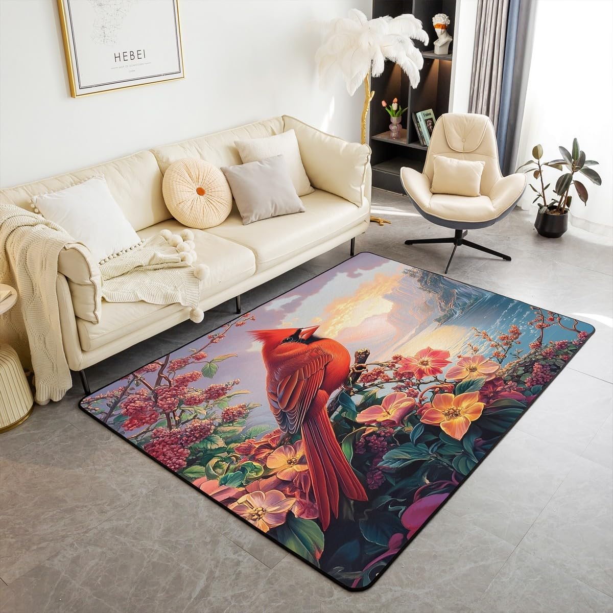 jejeloiu Red Bird Area Rug 5x7 Cardinal Bird Living Room Rugs for Kids Boys Girls Bedroom Flower Decor Carpet with Non-Slip Backing Indoor Floor Mat Soft Polyester