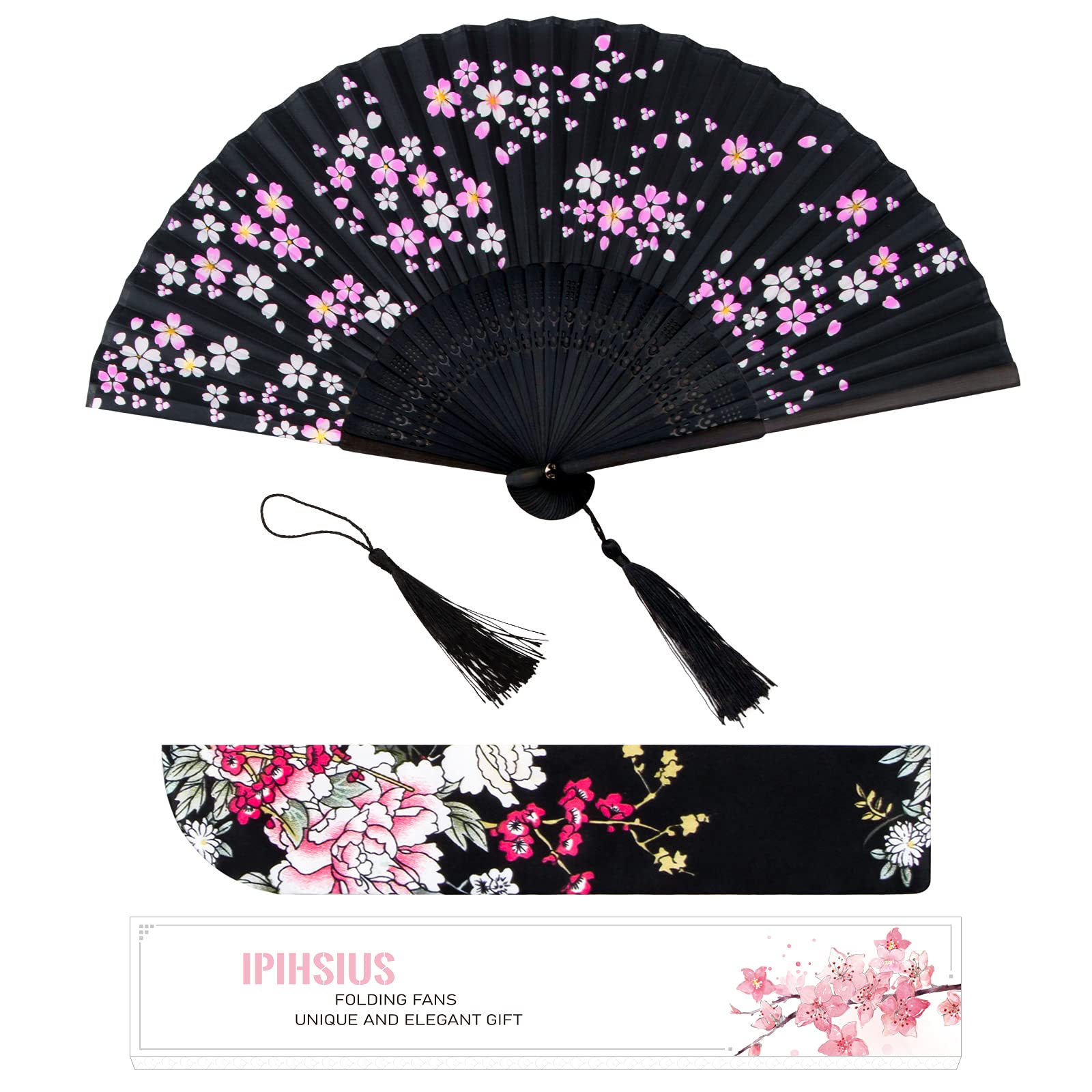 iPihsius Folding Fan, Slik Folding Hand fan with First Layer Bamboo, with Storage Bag, 2Pcs Tassels, For Cooling , Performances, Decorations, Gifts, Classic Ink Plum Gradient Midnight Black