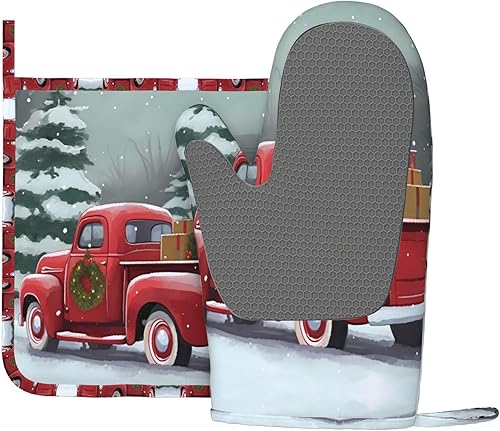 Miniatura 9 de Manoplas para horno, juego de soportes para ollas de Navidad, camión rojo, muñeco de nieve, guantes de horno de silicona, copo de nieve, árbol de