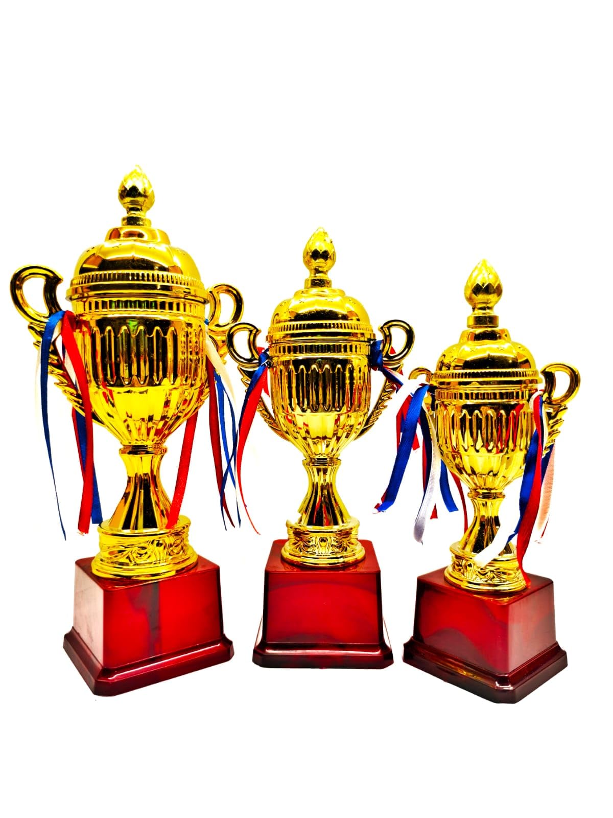 Gold Trophy Cup Set with Red Base and Tricolor Ribbons, 3 Sizes, Award Ceremony Trophies 30cm,27cm,24 cm Height-picture-27