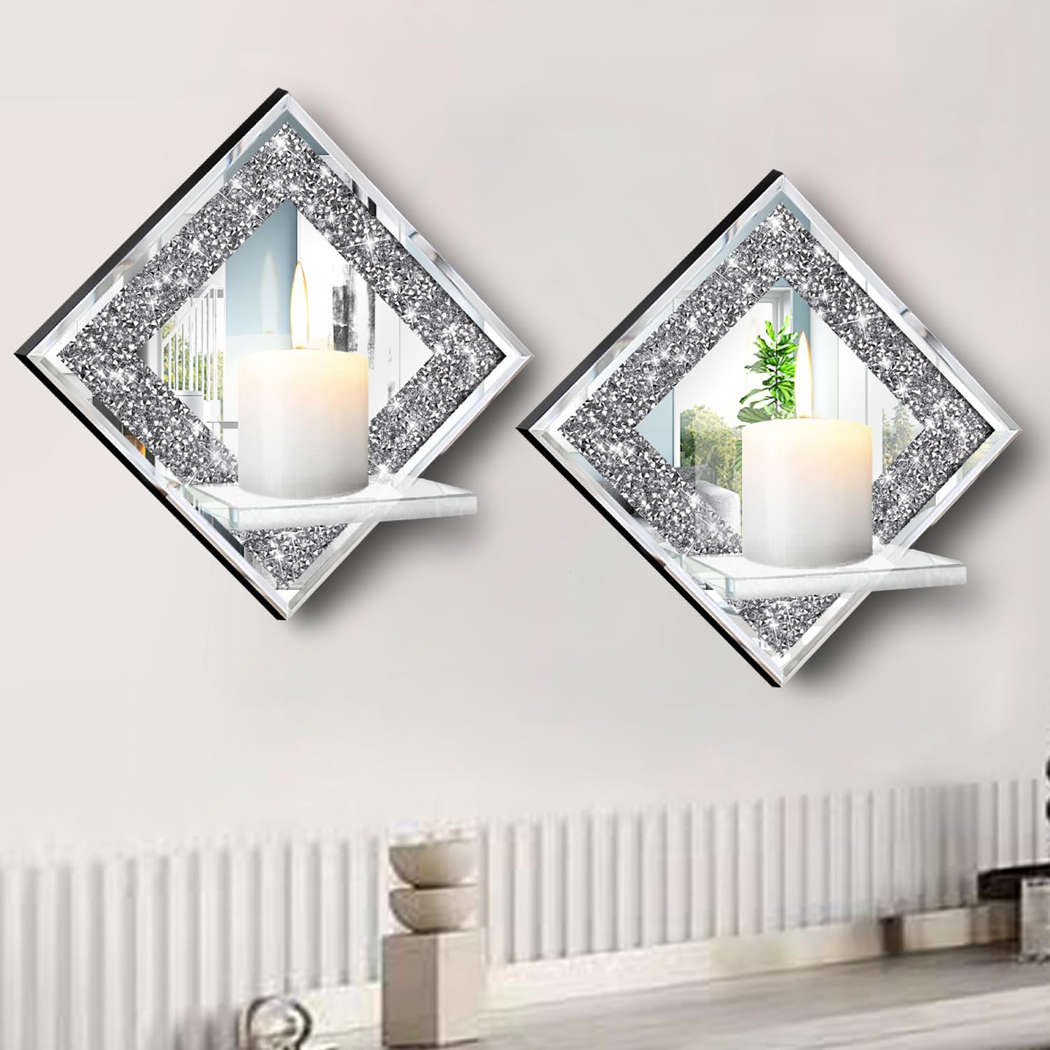 ZOLAPI Kristall-Crush-Diamant-Kerzenhalter im 2er-Set, Diamant, Silber, verspiegelte Kerzenleuchter, Wanddekorationen für Wohnzimmer, Esszimmer und Schlafzimmer