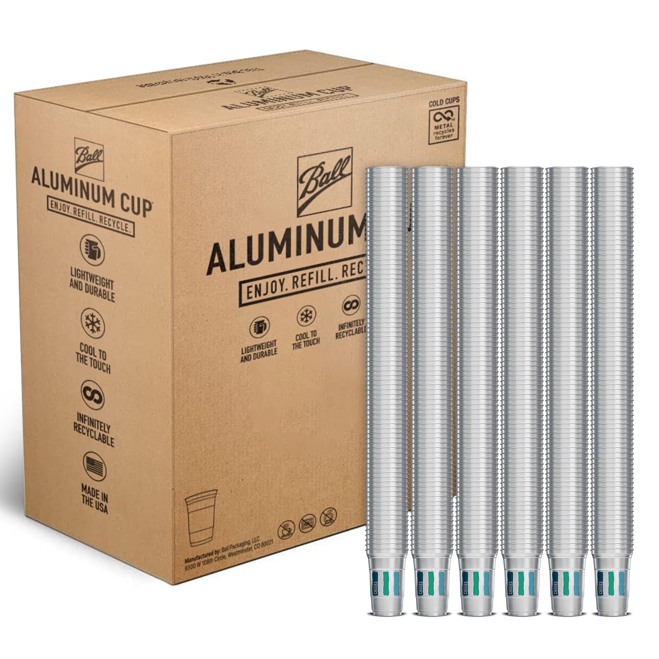 Ball Aluminum Cup Recyclable Party Cups, Wholesale Bulk Pack, Everyday Logo, 9 oz Cup, 645 Cups Per Pack