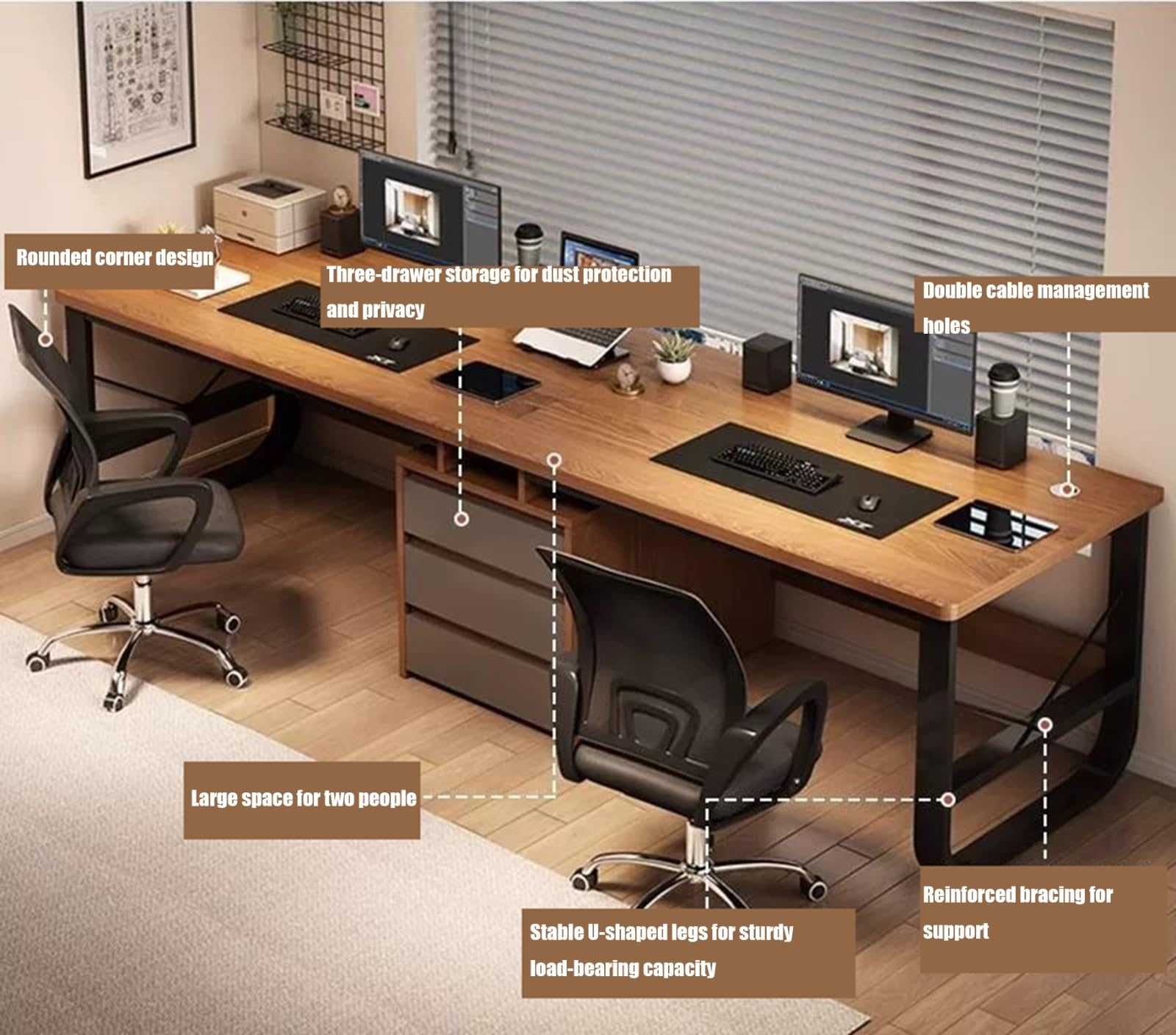 Escritorio Doble para Dos Personas Escritorio De Computadora Estilo Moderno 3 Cajones para Estudiar Y Trabajar Oficina En Casa Escritorio Largo C,240CM