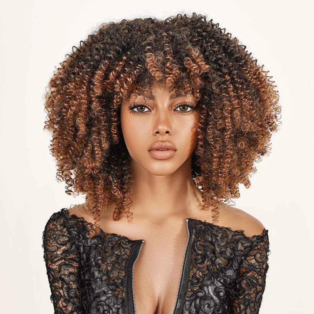 Afro Bomb Curly Wig with Bangs, Synthetic Fiber Glueless 11 Inch Bob Kinky Curly Hair, Fluffy Curly Wigs for Black Women Ready to Go Wig Black to Brown
