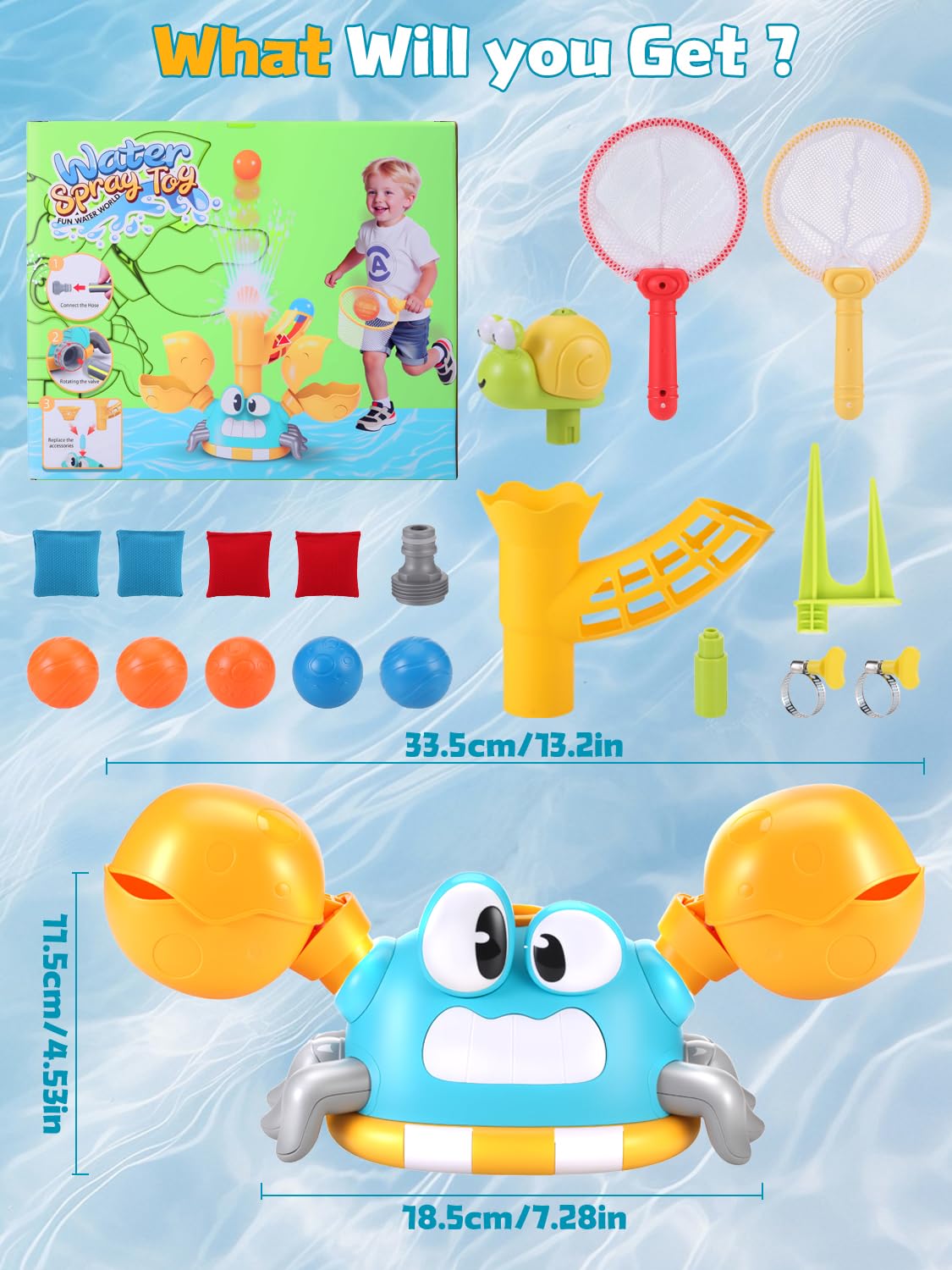 3-in-1 Giochi da Giardino da Esterno, Irrigatore per Bambini Forma di Granchio con Prendi la Palla e Lancia, Regalo Creativi per Bambino, Il Giocattoli Estivo Perfetto per Bambini 3 4 5 6 7 8 9 Anni