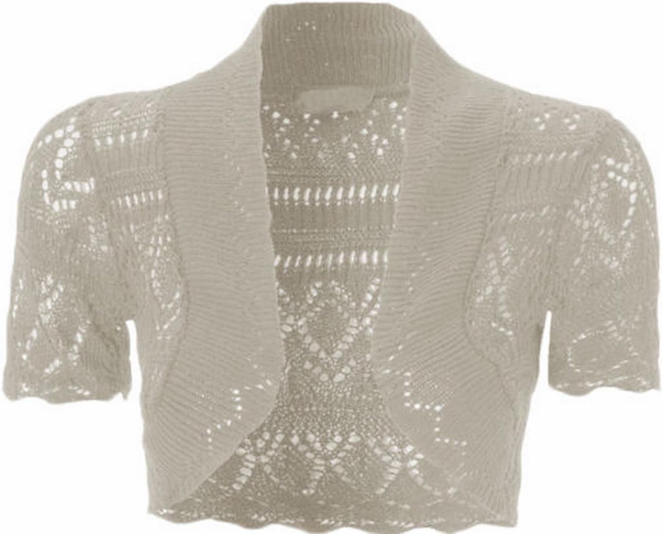 Womens Knitted Bolero Shrug Short Sleeve Crochet Shrug (M, Beige)