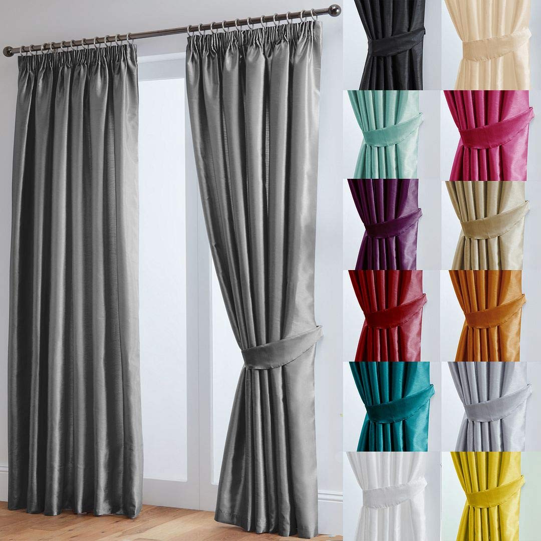 John Aird Luxury Faux Silk Fully Lined Pencil Pleat Curtains With Matching Tie Backs (Grey, 168cm Width x 183cm Drop (66"x72")