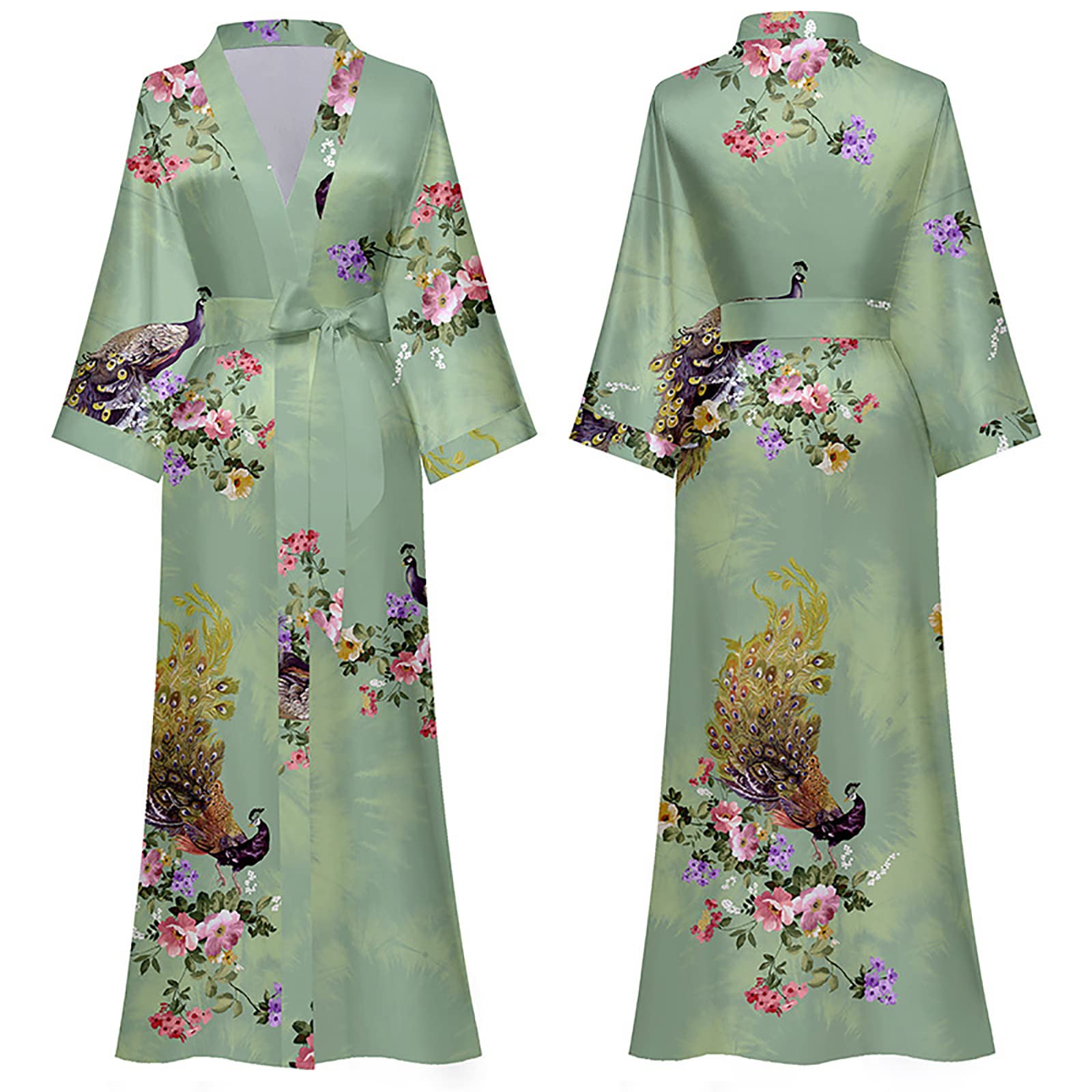 Luminexia Women's Green Premium Long Kimono Peacock Robe Kimono Robe And Chemise Silky Satin Nightgown Bathrobe Bridesmaid Bridal Wedding Party Dressing Gown Negligee Pyjamas Nightdress