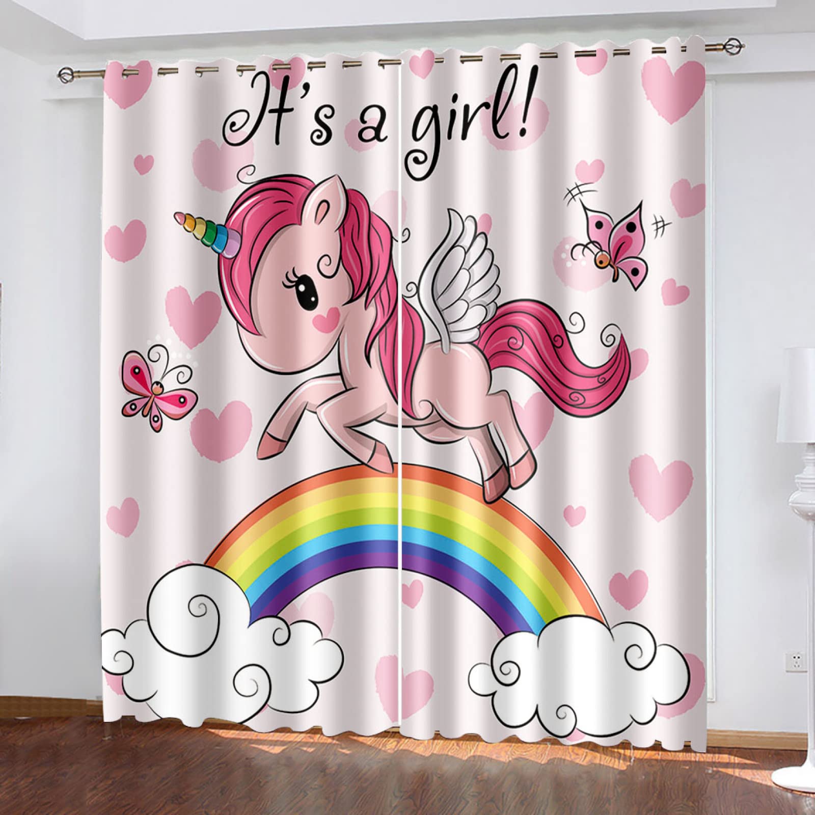 Rideaux Occultant Fille Licorne Rose Rideaux Thermiques Isolants Salon Moderne,Rideau Chambre Fille Garçon,Rideaux À Oeillets Enfant,2 Pièces,2X91.5X214Cm
