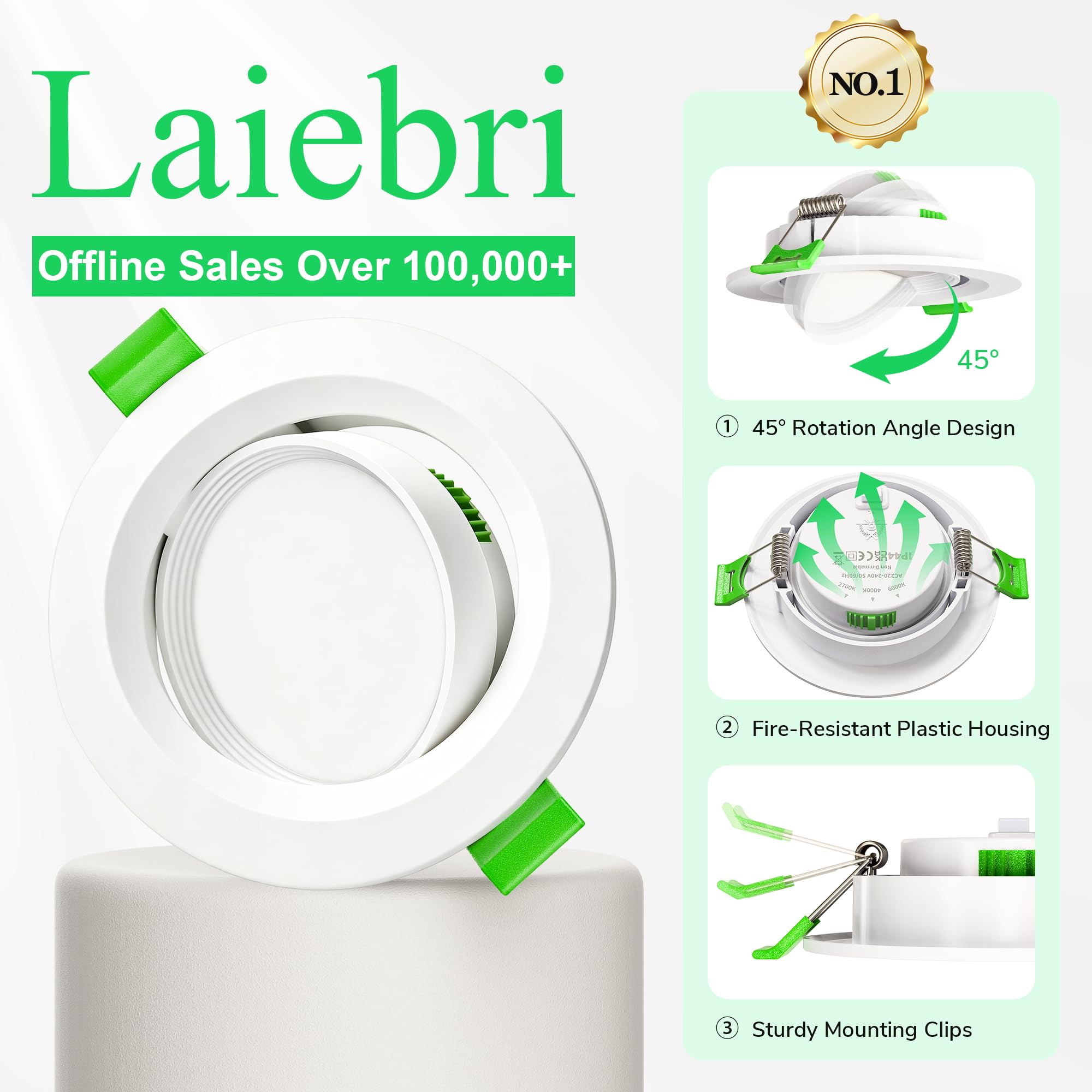 10 Faretti LED da Incasso per Cartongesso, Foro Ø68-80 mm, Orientabili 45°, Faretti LED Ultrasottili da 23 mm, 5W, 3 CCT 2700K/4000K/6000K, IP44 per Bagno e Cucina, 230V, Bianco