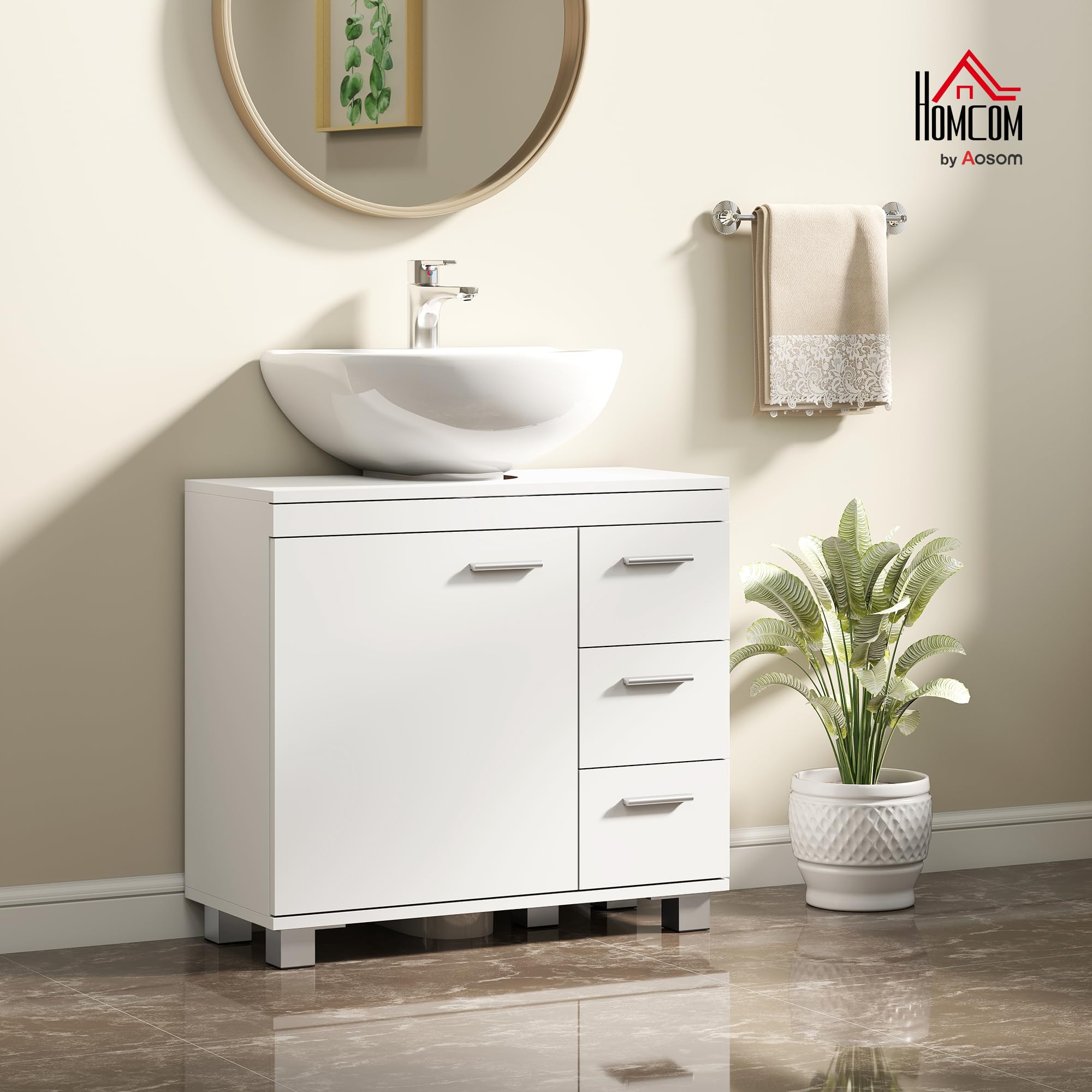 HOMCOM Waschbeckenunterschrank mit Soft-Close Tür 70 x 30 x 64 cm Weiß
