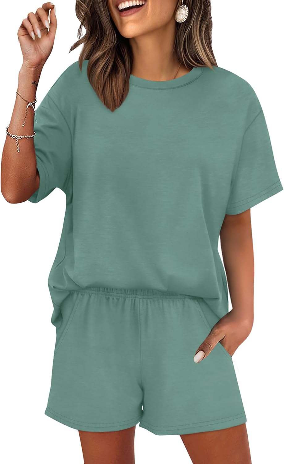 WIHOLL 2 Piece Lounge Sets for Women 2 Piece Lounge Matching Short Sleeve Tops Shorts Pants with Pocket Clothing