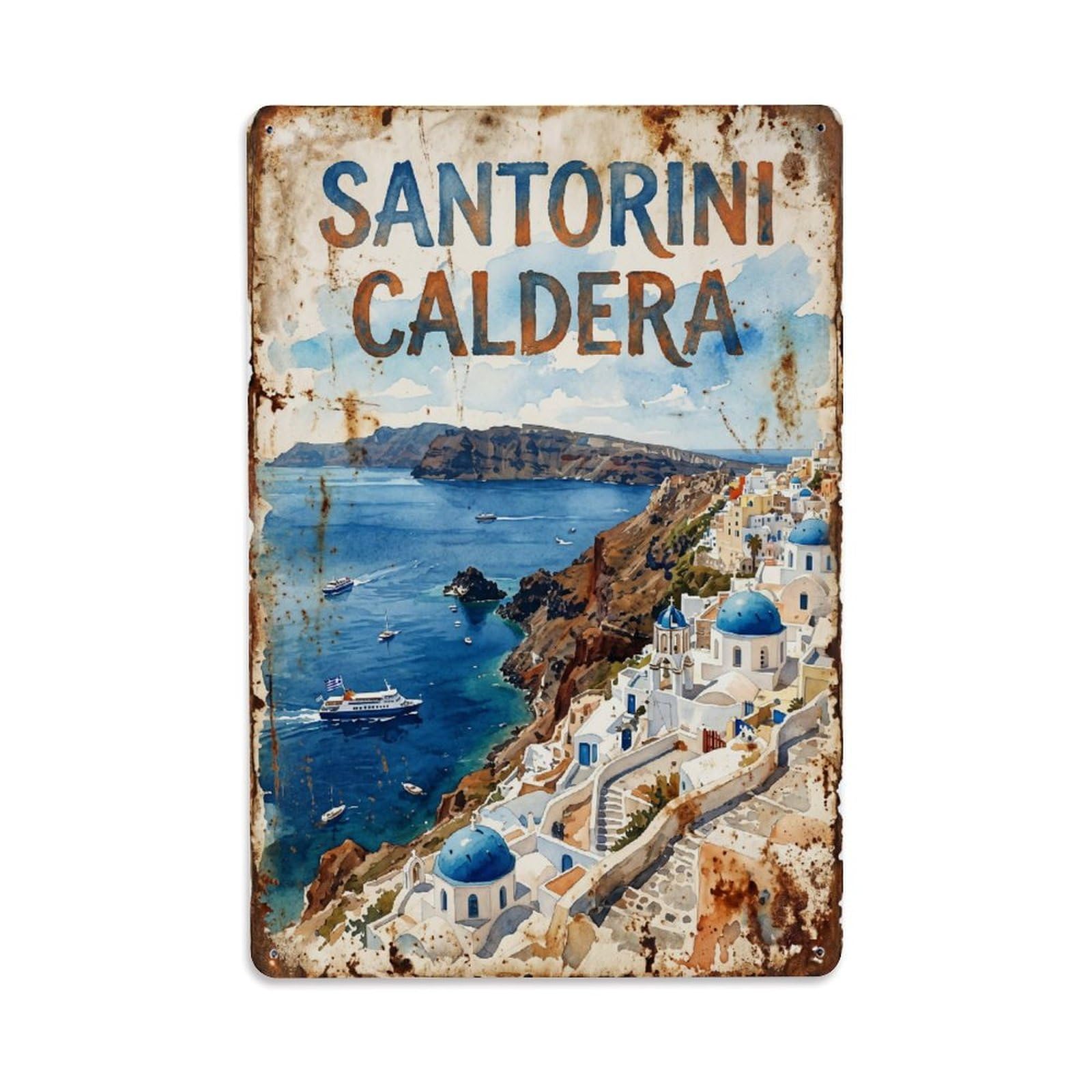 Fyrn Style Metal Tin Sign Vintage Travel Santorini Greece Caldera