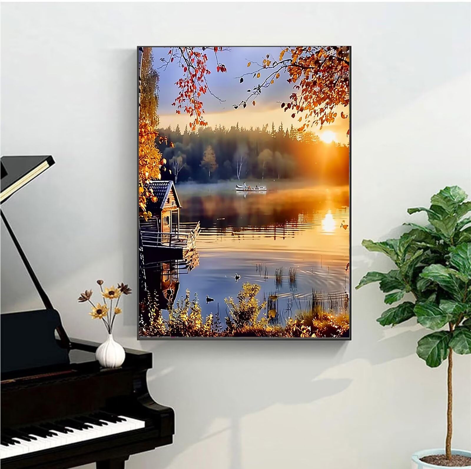 Sonnenuntergang-Malen nach Zahlen für Erwachsene, DIY digitales Ölgemälde-Set auf Leinwand mit Pinseln und Acrylpigment, Landschaft Street Artwork für Heimdekoration 60x80cm (mit Rahmen)