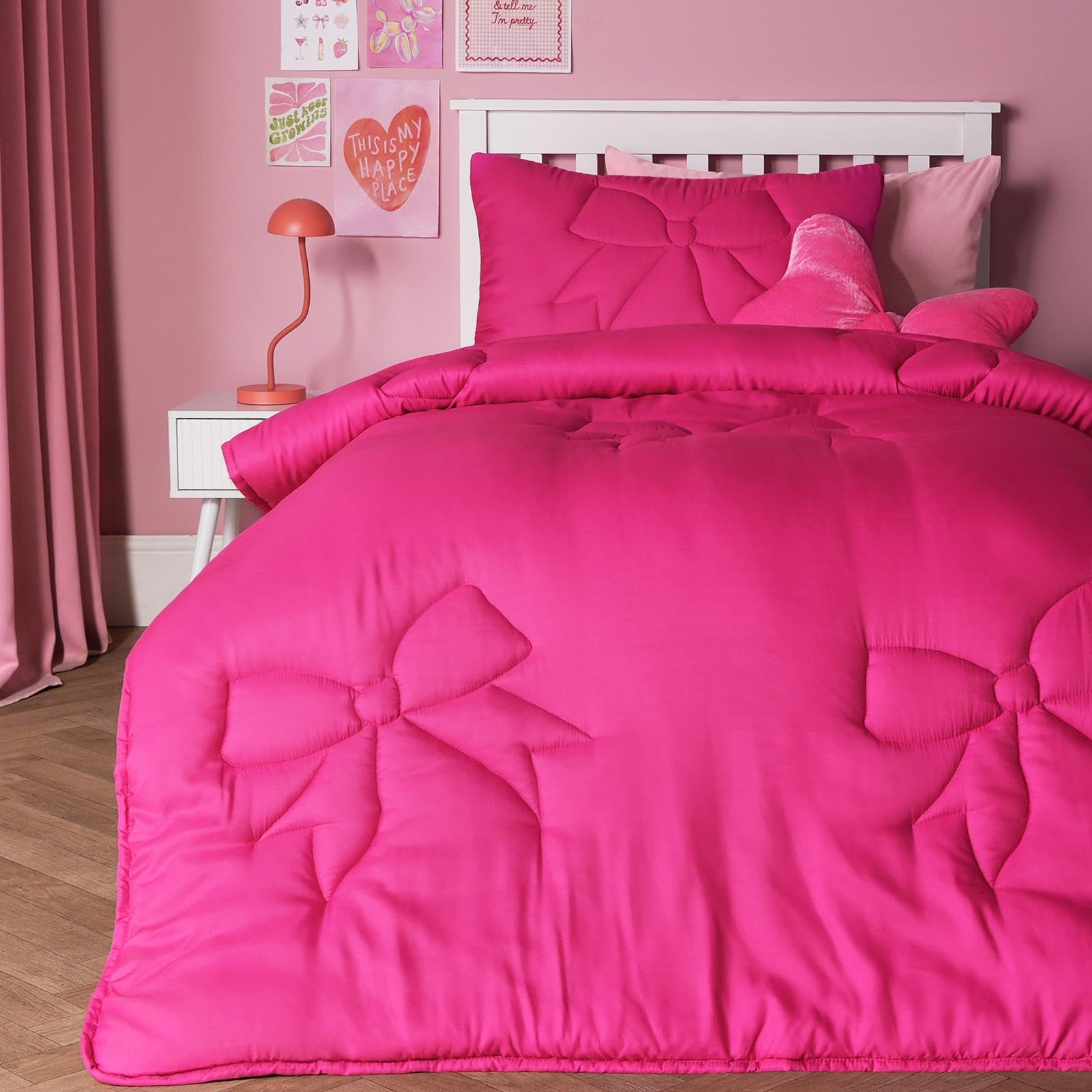 Ohs Girls Hot Pink Coverless Duvet Double 7.5 Tog, Gifts For Soft Warm Microfibre Bows Quilted Summer Coverless Duvet Lightweight Bow Bedding Washable Double Duvets With Pillowcase,