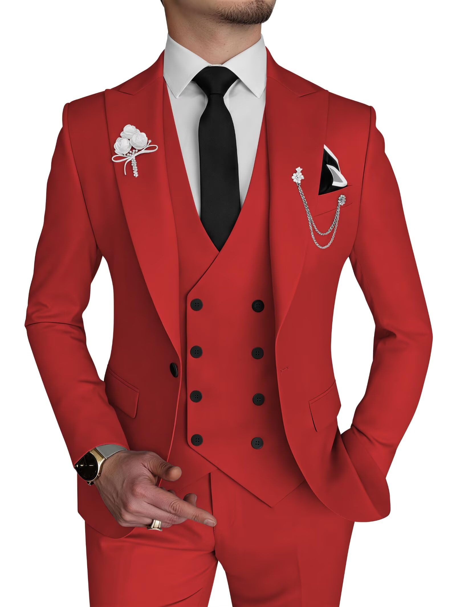 Wangyue Men's 3 Piece Slim Fit Suits Double Breasted Suit Men Formal Suit for Wedding Prom Dinner Party