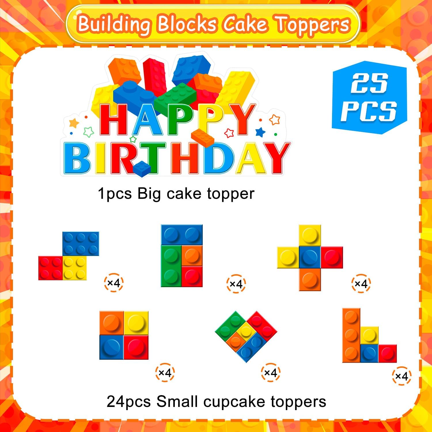 Building Blocks Cake Topper, 24 Pcs Building Block Birthday Party Cupcake Toppers 1 Pcs Building Block Birthday Cake Topper Building Blocks Cake Decorations