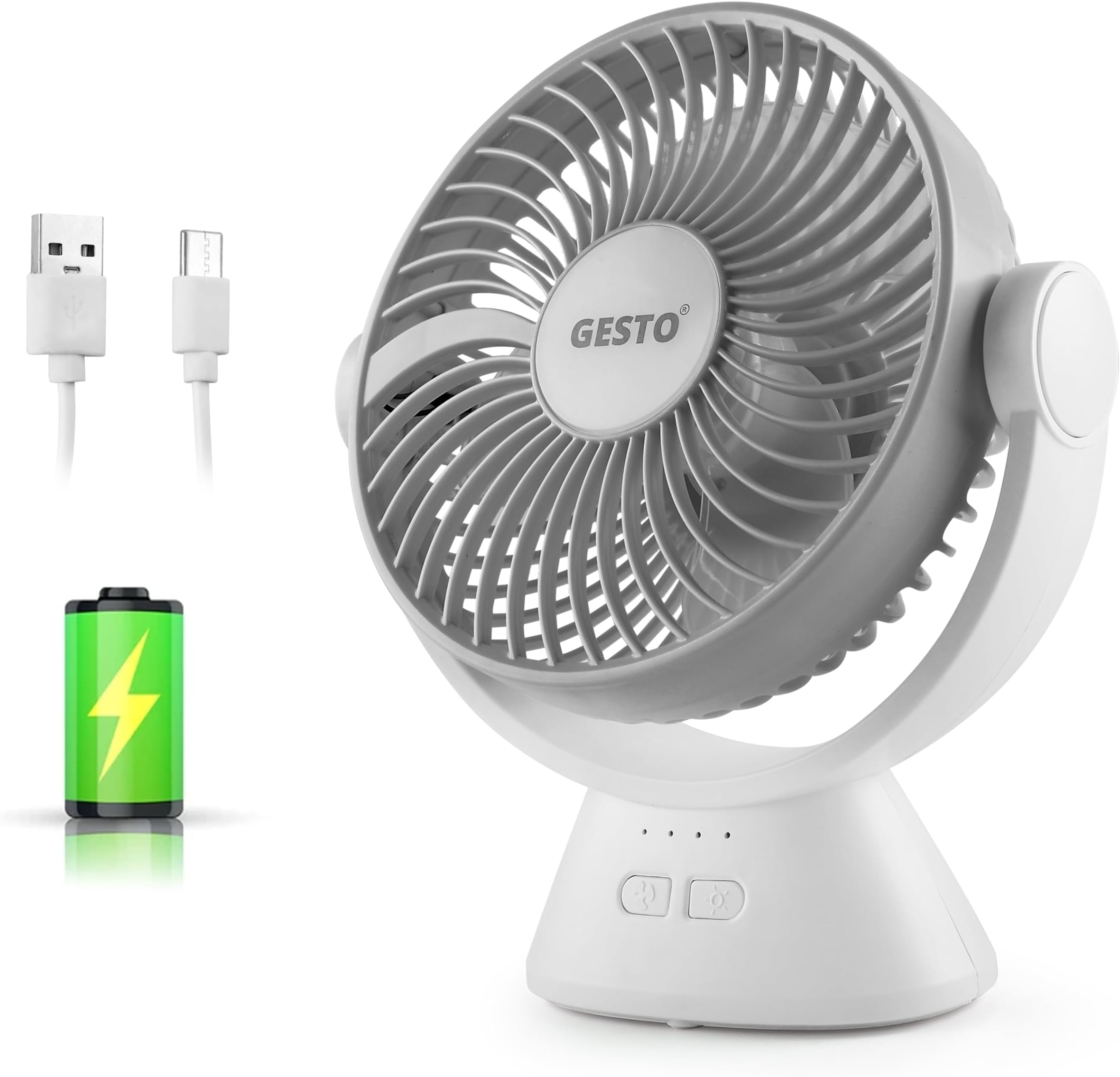 Gesto 6 Inch Rechargeable Table Fan with LED Light โ High-Speed Noiseless Portable Fan With 3 Speed Modes | 2400mAh Battery Up to 8 Hours Runtime USB Charging Fan for Home, Office, Kitchen (Grey)
