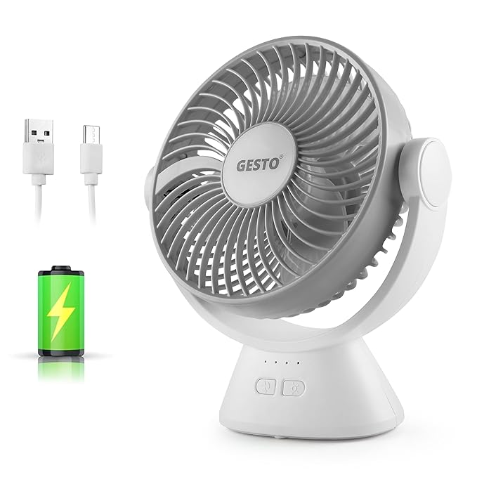 Gesto 7.8 Inch High Speed Rechargeable Table Fan for Home – USB Charging Battery Fan With Led Light | 2400mAh Battery for Upto 8 Hours Runtime | 3 Speed Modes Portable fan for Home,Office,Kitchen-Grey