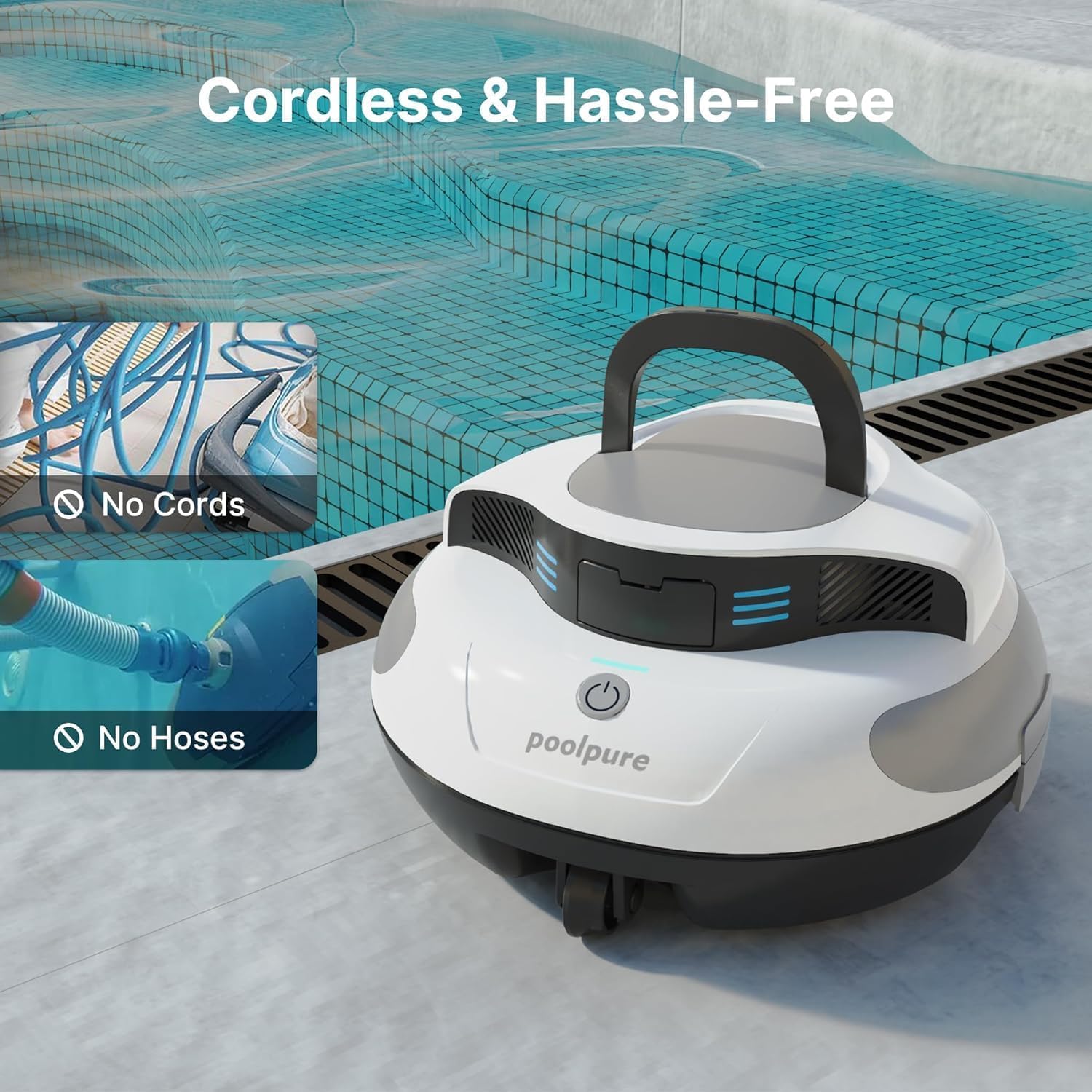 POOLPURE Poolrobot Piscina, 5000mAh Pulizia Doppio Motore, Doppelter Hall-Sensor, Display LED, Parcheggio Automatico, IPX8 Impermeabile, Kabelloser Poolsauger