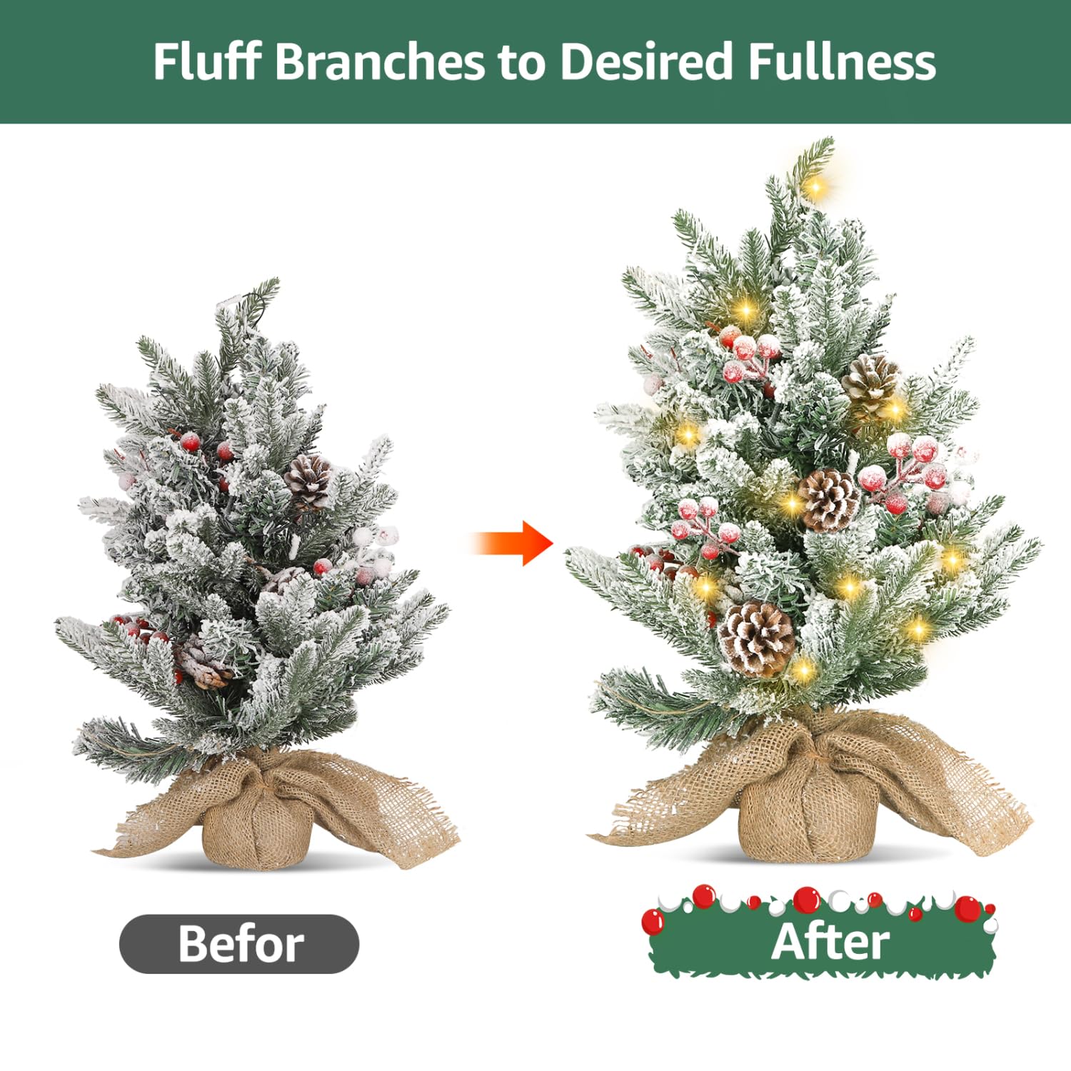 Aigostar Árbol de Navidad con Luces Incorporadas 50cm， 2 Unidad， Árbol de Navidad Pequeño Decorado con Piñas， Nieve Artificial y Frutos Rojos， Ideal para Dormitorio， Salón o Habitación Infantil