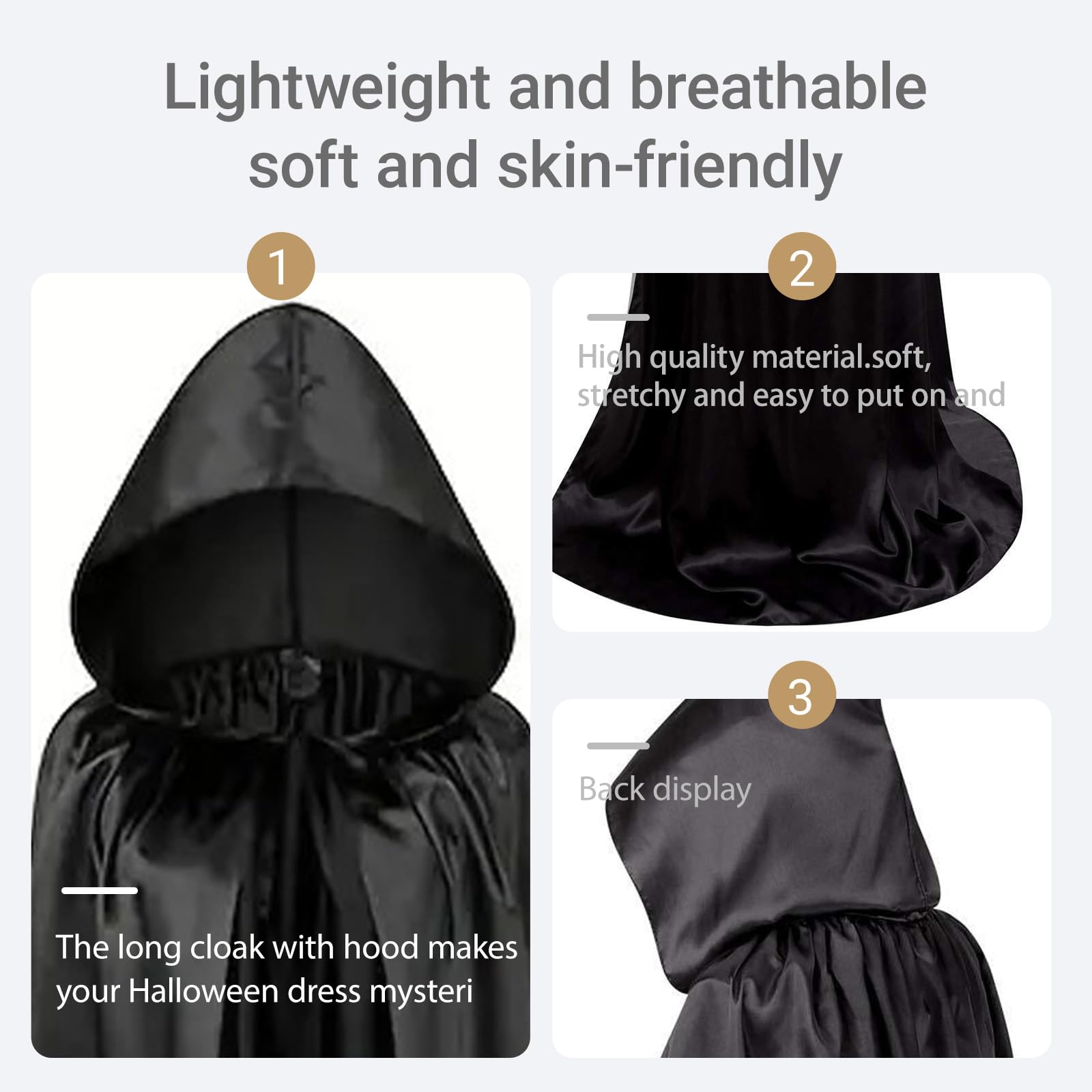 GWAWG Halloween Hooded Cape Kids Unisex Long Black Hooded Cloak Vampire Cape Witch Cloak Fancy Dress Costume for Halloween Christmas Party Carnival Cosplay for Kids 120cm/47.24in - Image 3