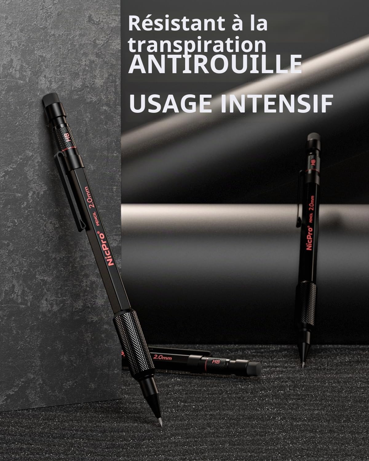 Nicpro 3 porte mine 2 mm avec étui, 33 mines graphite (4B 2B HB 2H 4H), 36 mines de couleur, gommes- corps en métal résistant aux intempéries, crayon chantier robuste pour le dessin et les croquis.