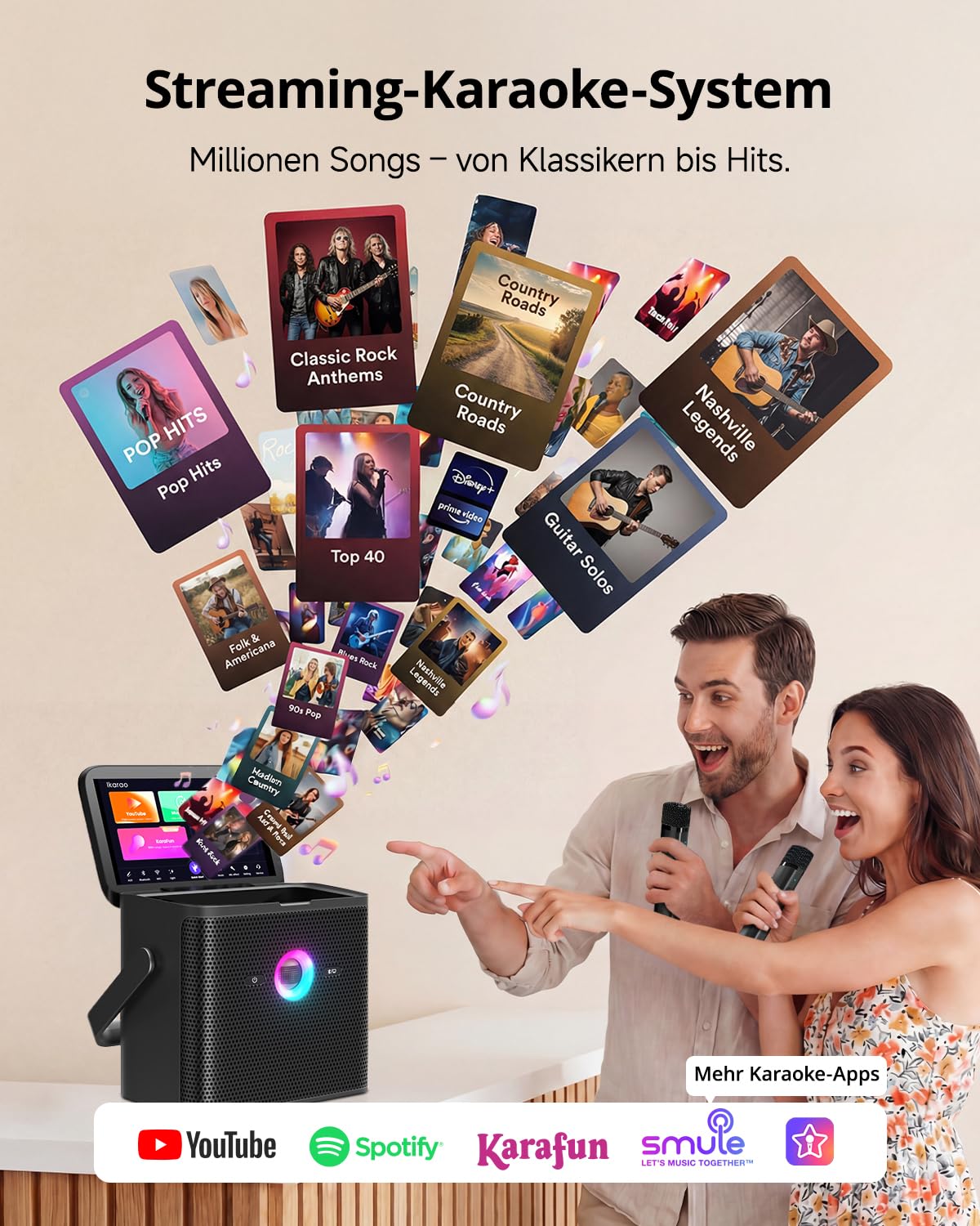 Ikarao Karaoke-Maschine für Erwachsene Kinder, mit Songtext-Display, WiFi-Verbindung zu YouTube & Karaoke-App, 2 EQ Autotune drahtlose Mikrofone, tragbares PA-System für Zuhause, Familie, Party