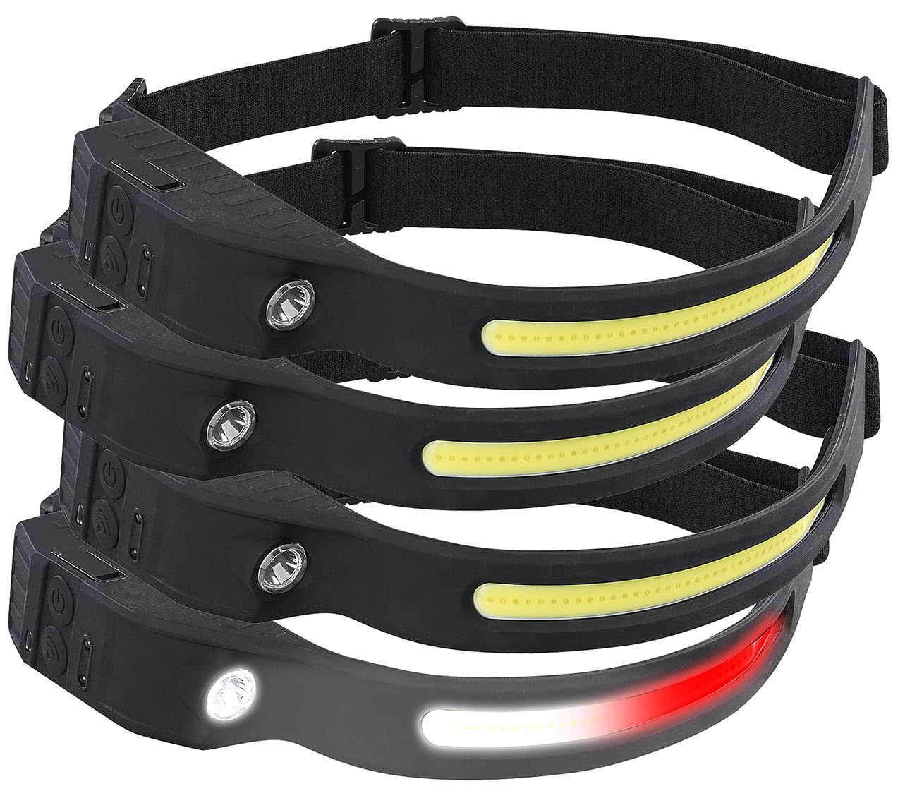 Stirnlampe Rotlicht: 4er-Set Akku-Stirnlampen, 230°-Flutlicht, COB- & SMD-LED, 500 Lumen (LED-Stirnlampe aufladbar, Stirnlampe LED Akku USB)