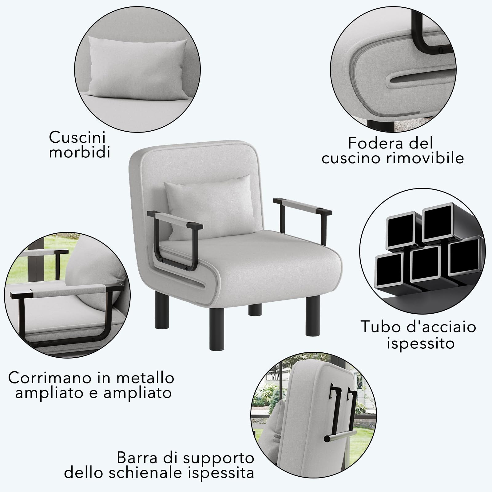 Poltrona Letto 4 in 1, Poltrona Divano Letto Singolo, Poltrona Pieghevole con Schienale Regolabile in 6 Posizioni per Camera da Letto Soggiorno Ufficio, Gregio chiaro