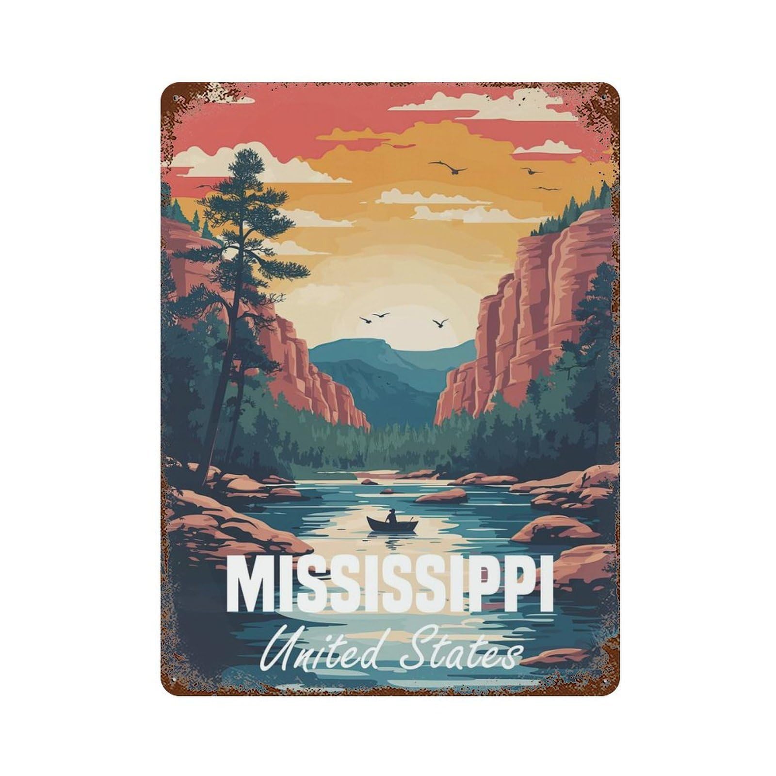 Decorative Tin Sign Mississippi River Landscape 15.7"x11.8", Novelty Wall Decor for Shed, Workshop And Garage Wall Decor