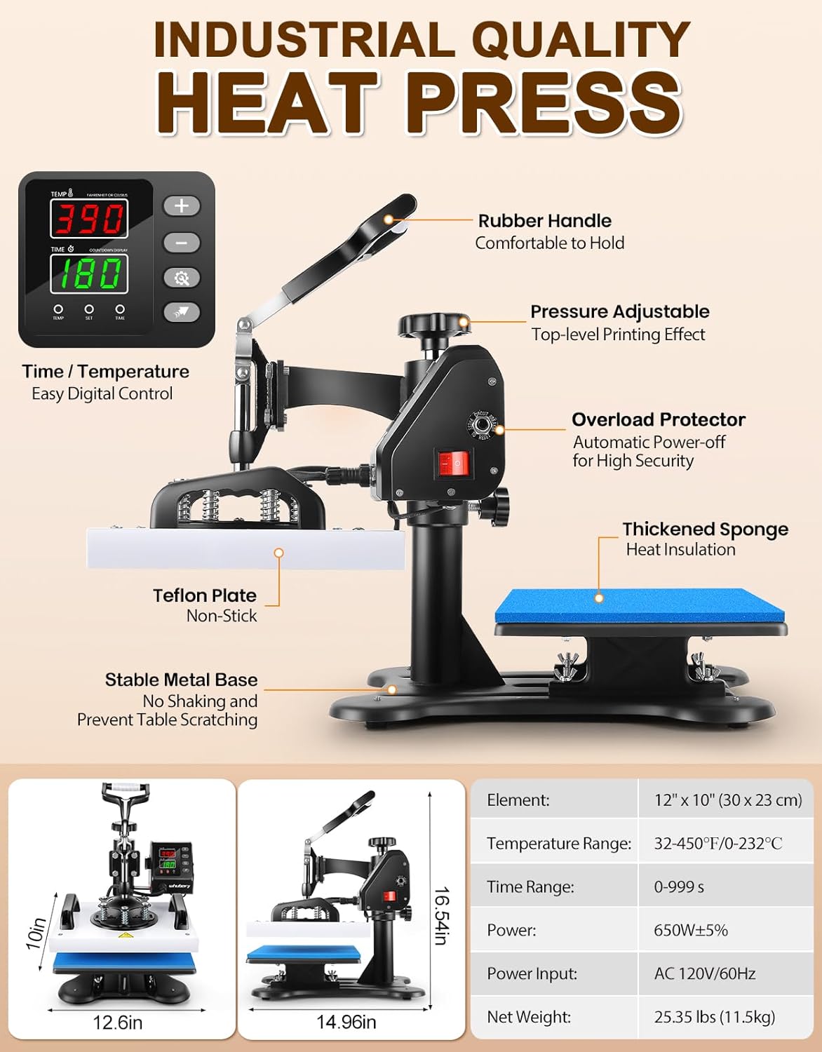 12" x 10" Heat Press Machine for T-Shirt, Shirt Press Machine for Sublimation T-Shirts Pillow Bag Garments Photo Slate Ceramic Frame,Swing Away Sublimation Heat Press Printer for Heat Transfer Vinyl