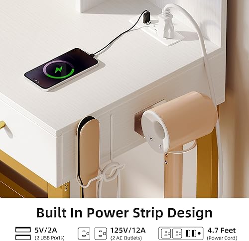 Miniatura 3 de DWVO Escritorio de maquillaje blanco con espejo iluminado LED y toma de corriente, 3 modos de luces ajustables, mesa de tocador con estantes de