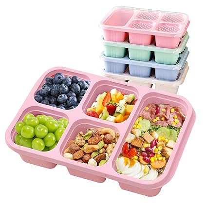 RFSLDUN Bento Lunch Box with Reusable, 5 Compartment Bento Box for 4 Pack, Bento Snack Containers with Transparent Lids, for Work, and Travel, On-the-Go Meals (Wheat (Blue/Pink/Green/Beige))