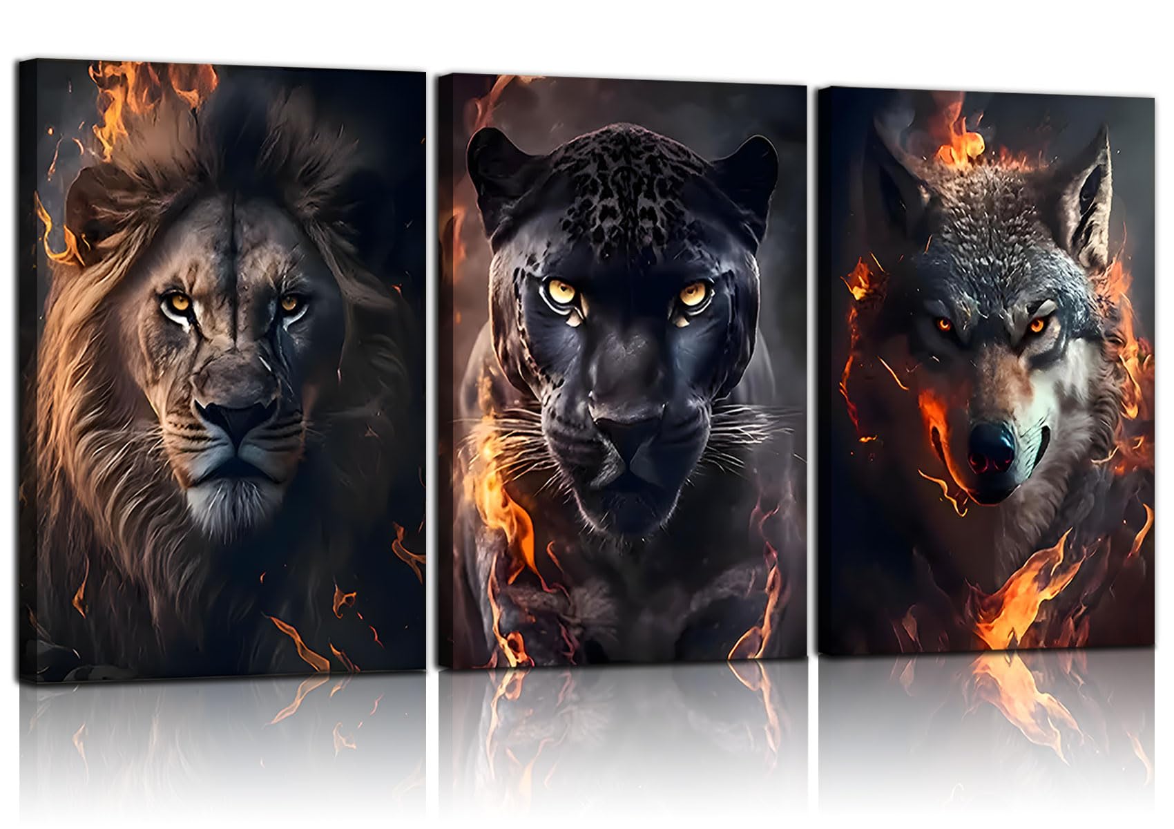3 Pcs Animal Canvas Wall Art with Fire Effect Lion Wolf and Jaguar Wall Decor Pictures Painting Wild Animal Poster Prints for Living Room Bedroom Home