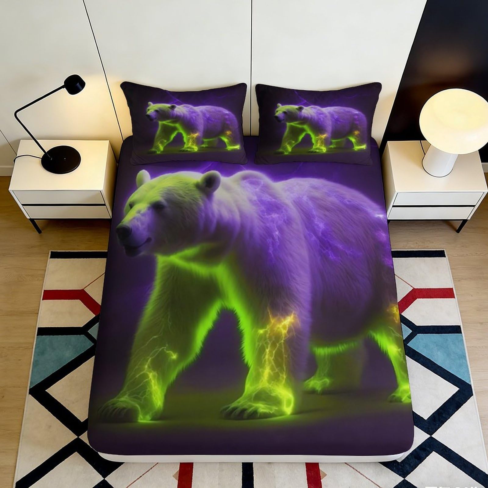 3D Printed Aurora Bear Fitted Sheet Microfiber Deep Pocket Bedroom Bedding Aurora Polar Bear Mattress Fitted Cover Non-Slip Washable 200x200x25cm 90x200x25cm
