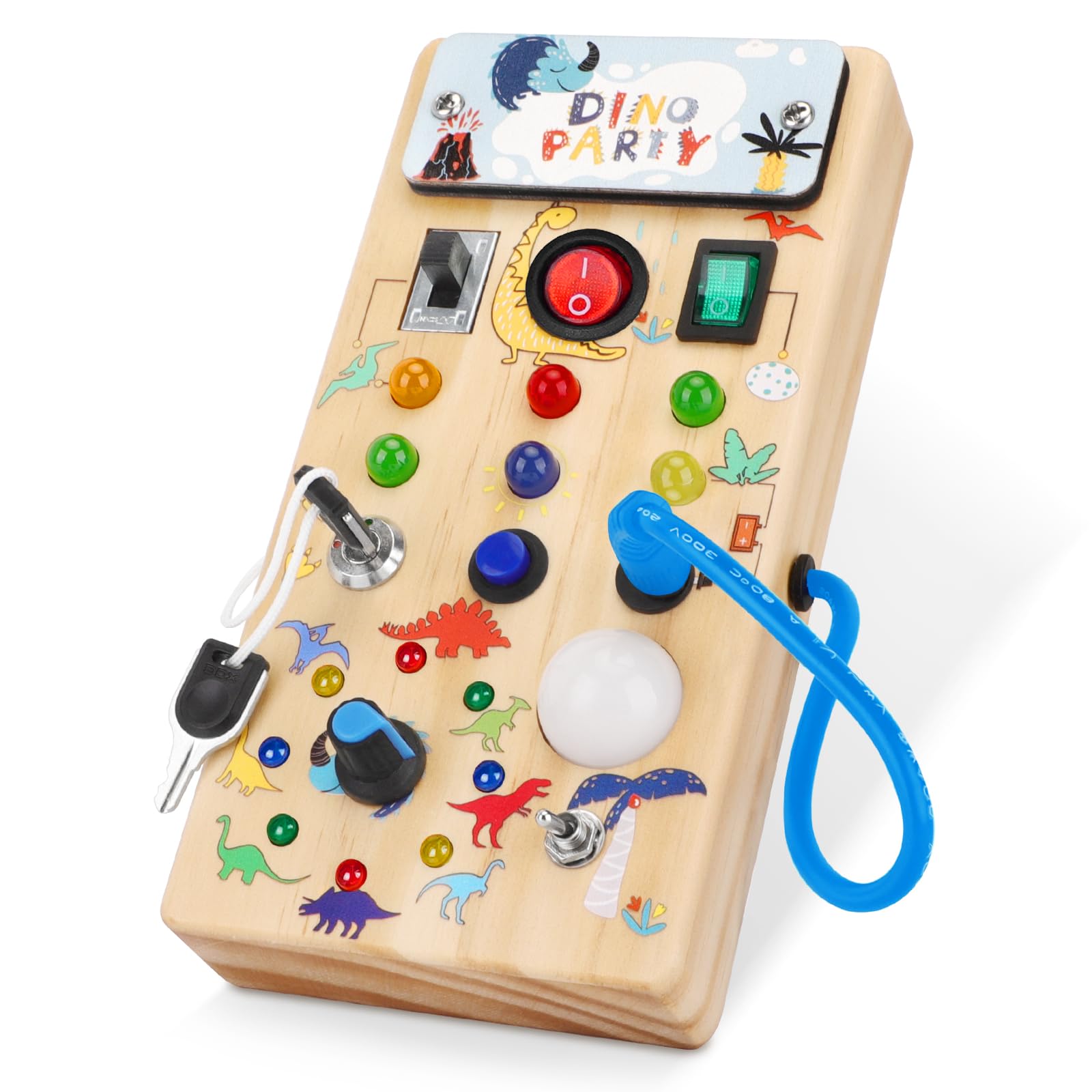 wakeInsa Toddler Montessori Busy Board,Montessori Toy,Baby Sensory Board,Preschool Learning Activities,Light Switch Toy,Travel Toy,Wooden Toy,Christmas & Birthday Dinosaur Gift for Toddler