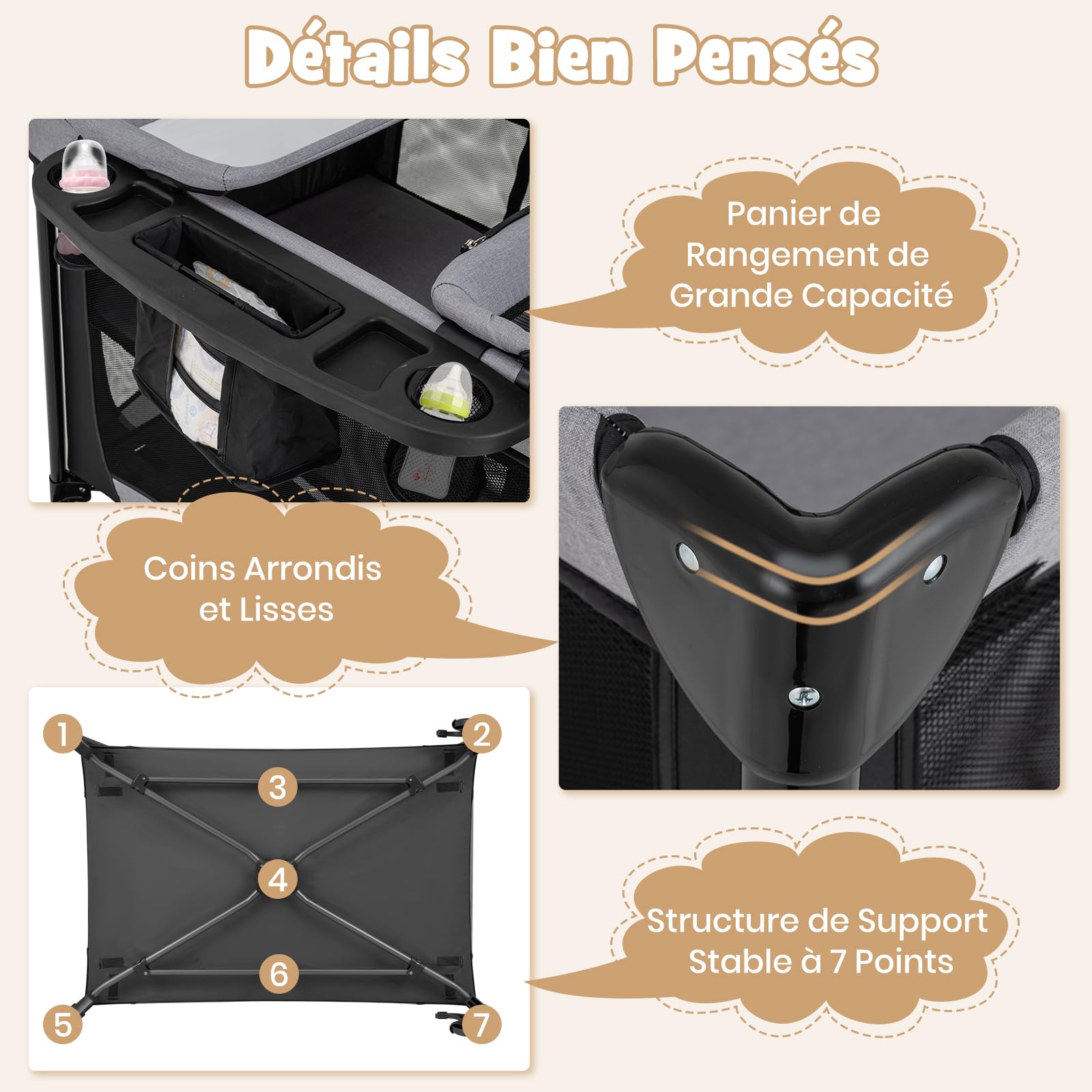 COSTWAY 5 en 1 Lit Parapluie Bébé avec Matelas & Table à Langer, Lit Bébé Evolutif avec Berceau Amovible & 2 Jouets, 2 Roues avec Frein, Sac de Transport, 110x78cm, Charge 10kg pour 0-3 Ans