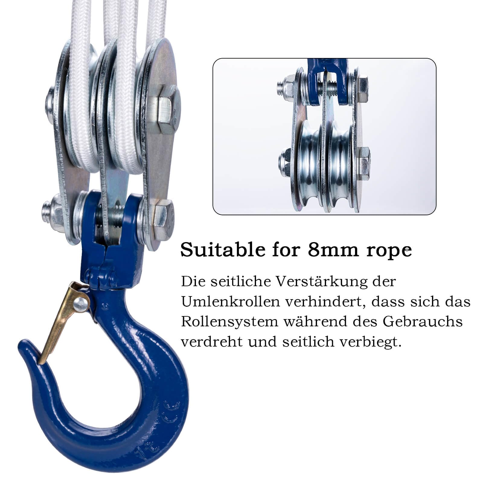 1 Ton Doppelte Umlenkrolle mit Kugellager und Haken, Umlenkrollen für 10mm Seile Stahlseil, für Forst Zubehör Seilzug Seilwinde 2 Stück