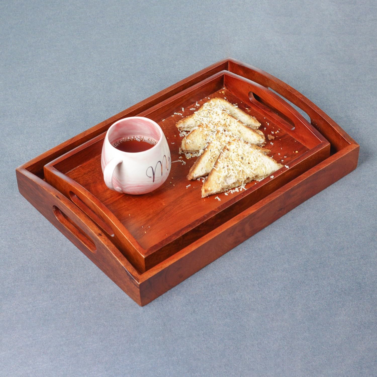 Brick Brown ® Bandeja de madera de alta calidad hecha a mano para servir | Bandeja de té para servir | Bandeja para mesa de comedor, acabado rectangular de caoba (juego de 2)