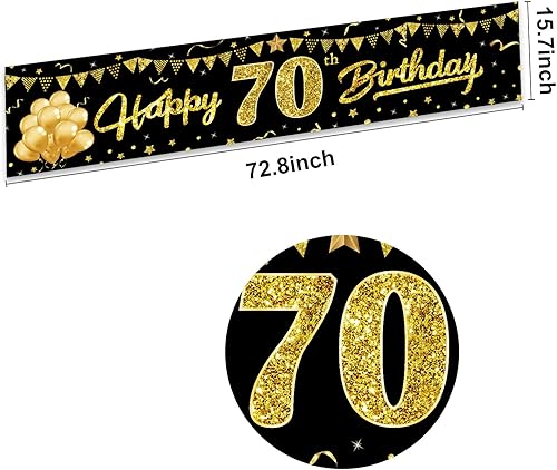 Miniatura 2 de Cartel de feliz cumpleaños 70 para mujeres y hombres, suministros de fiesta de cumpleaños de 70 años de color negro y dorado, divertido tema de 70