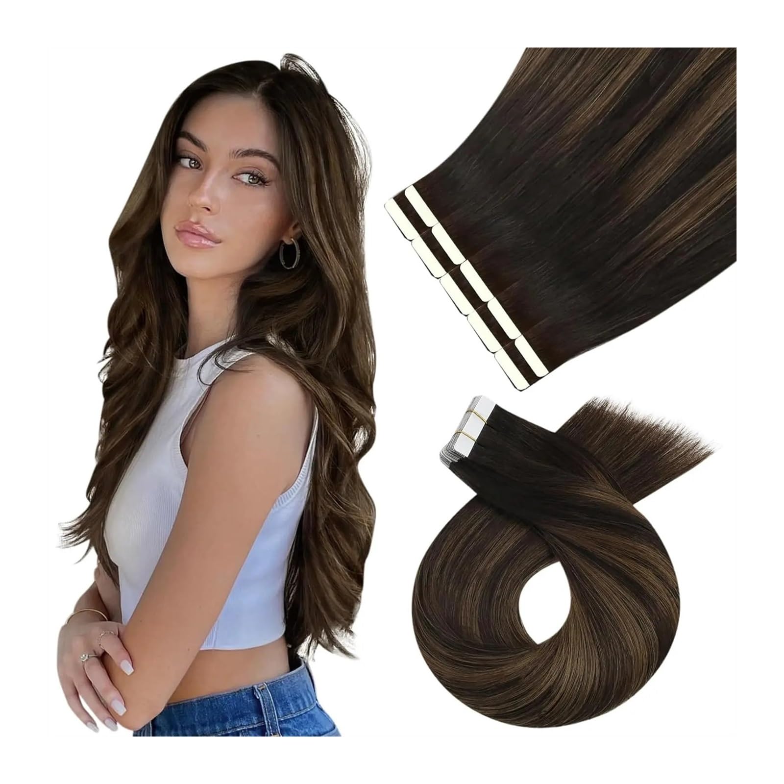 Kobiety Balayage ludzkich włosów Najciemniejszy brąz Ombre Brązowa taśma Doczepy z w doczepach Prawdziwe ludzkie włosy doczepiane Taśma na 14-24 cali Taśmy do przedłużania włosów(10 pcs 25G,20 INCHES)